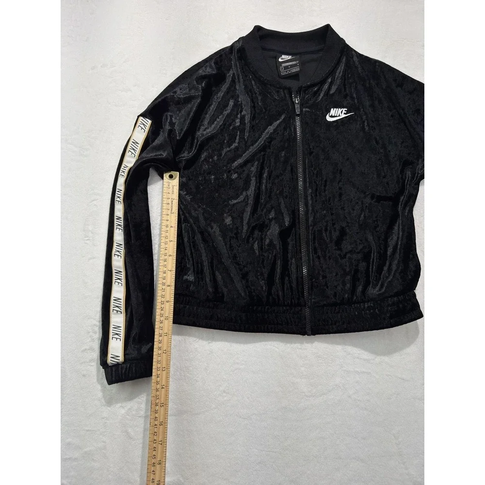Nike Track Jacket Womens Large Black Velour Full Zip Logo Tape Sleeves Swoosh